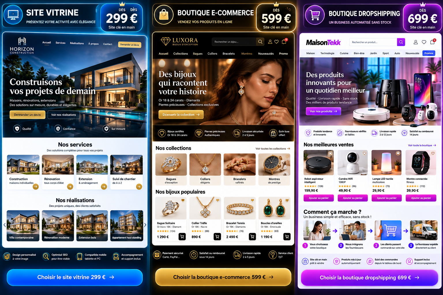 Trois exemples de sites WebVizyon : vitrine, e-commerce et dropshipping